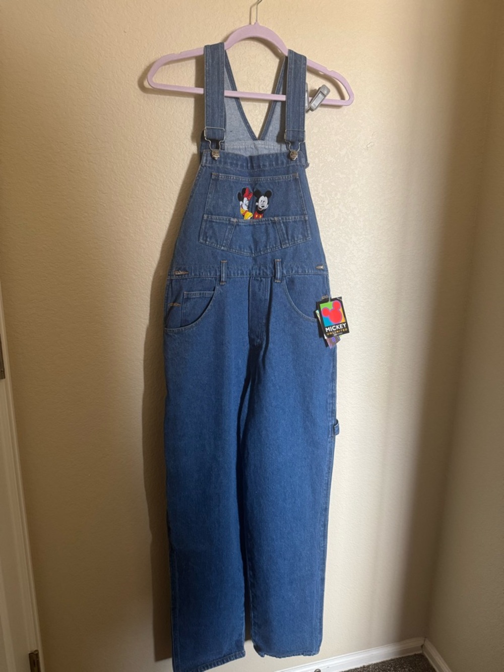 Vintage 90s Disney Embroidered Denim Mickey & Minnie Overalls Sz M NEW Mid Blue